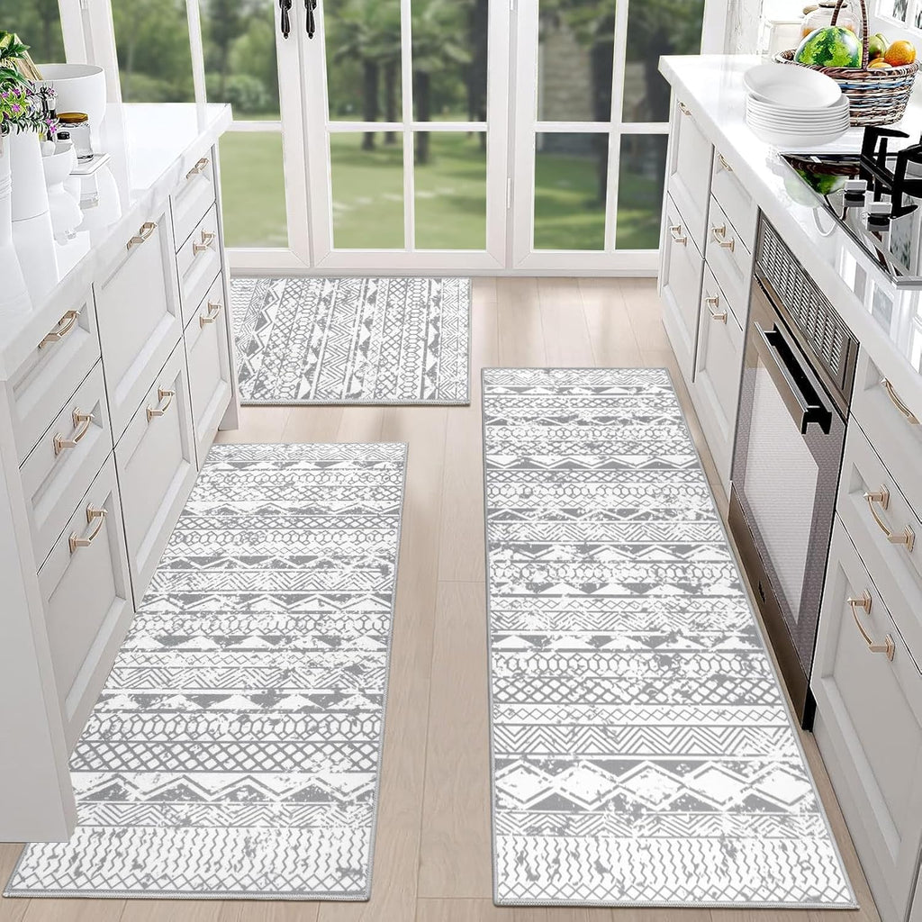 HEBE Boho Kitchen Rugs Set of 3, Non Slip Washable Kitchen Mats for Floor | Farmhouse Kitchen Rug and Runner Set, Soft Vintage Distressed Kitchen Floor Mat Carpet Runners for Hallway, Entryway, Laundry