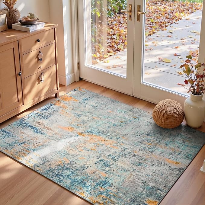 Entryway Rug 3x5 Blue Bedroom Area Rug Washable Non Slip Abstract Boho Rugs by OmpaaHomeDecor