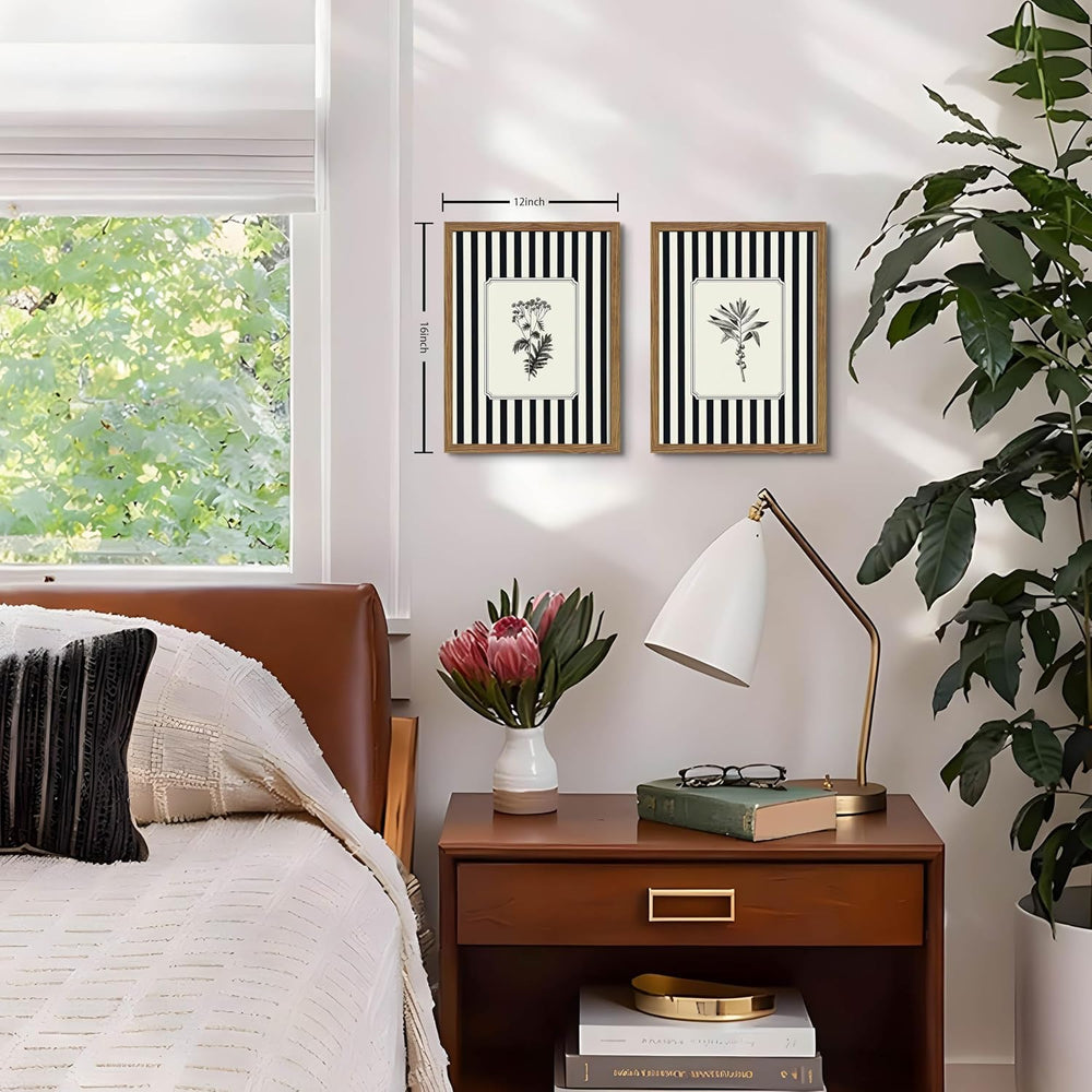 Framed Vintage Botanical Wall Art Set of 2, Black and White Striped Floral Ca...