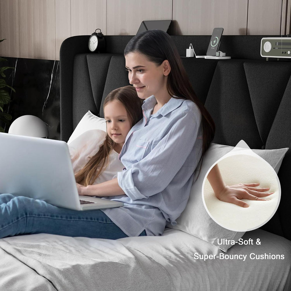 Einhomn Full Size Bed Frame with 4 Storage Drawers and Charging Station, Upho...