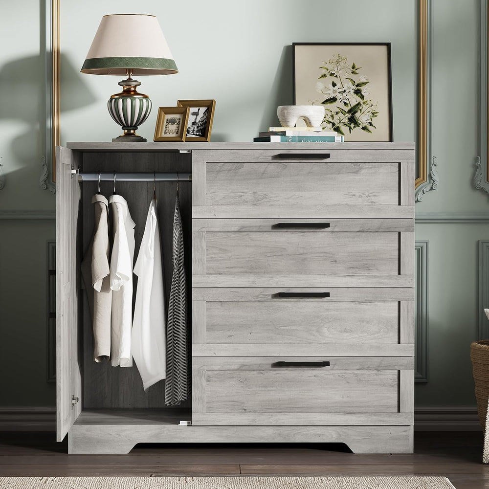 GarveeHome Wood Armoire Wardrobe Closet with 4 Drawers and Door, 43.3 in H Be...