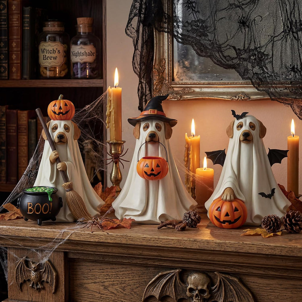 Karenhi 3 Pcs Halloween Dog Ghost Figurines, Cute Tabletop Decorations