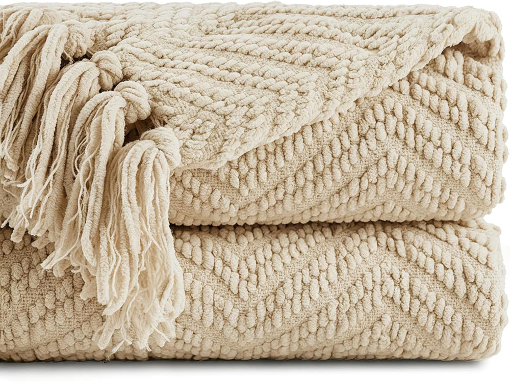 BATTILO HOME Beige Throw Blankets for Couch, Knitted Tan Throw Blanket for Tw...