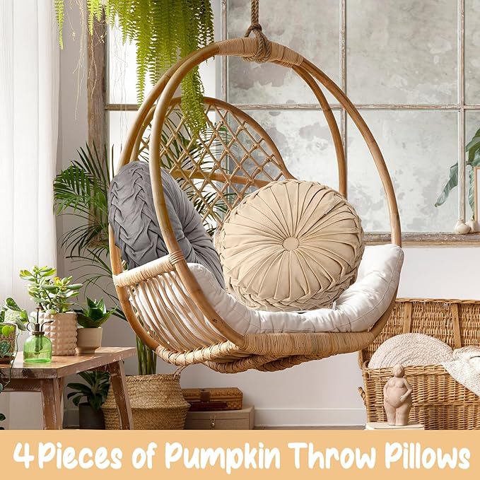 Kathfly Set of 4 Decorative Round Pleated Throw Pillows, Classy Velvet Pumpkin - Image 4