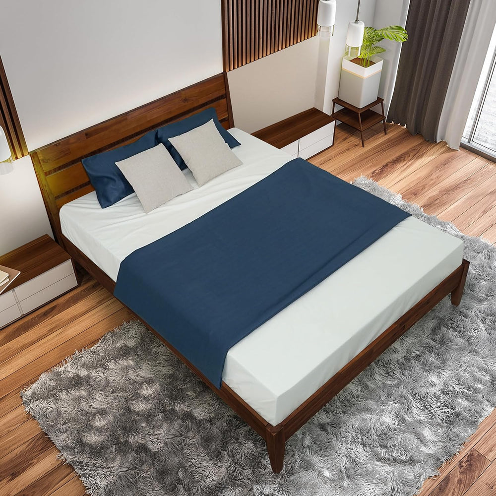 Emery Acacia Solid Wood Queen Platform Bed, Mid-Century, Chocolate.