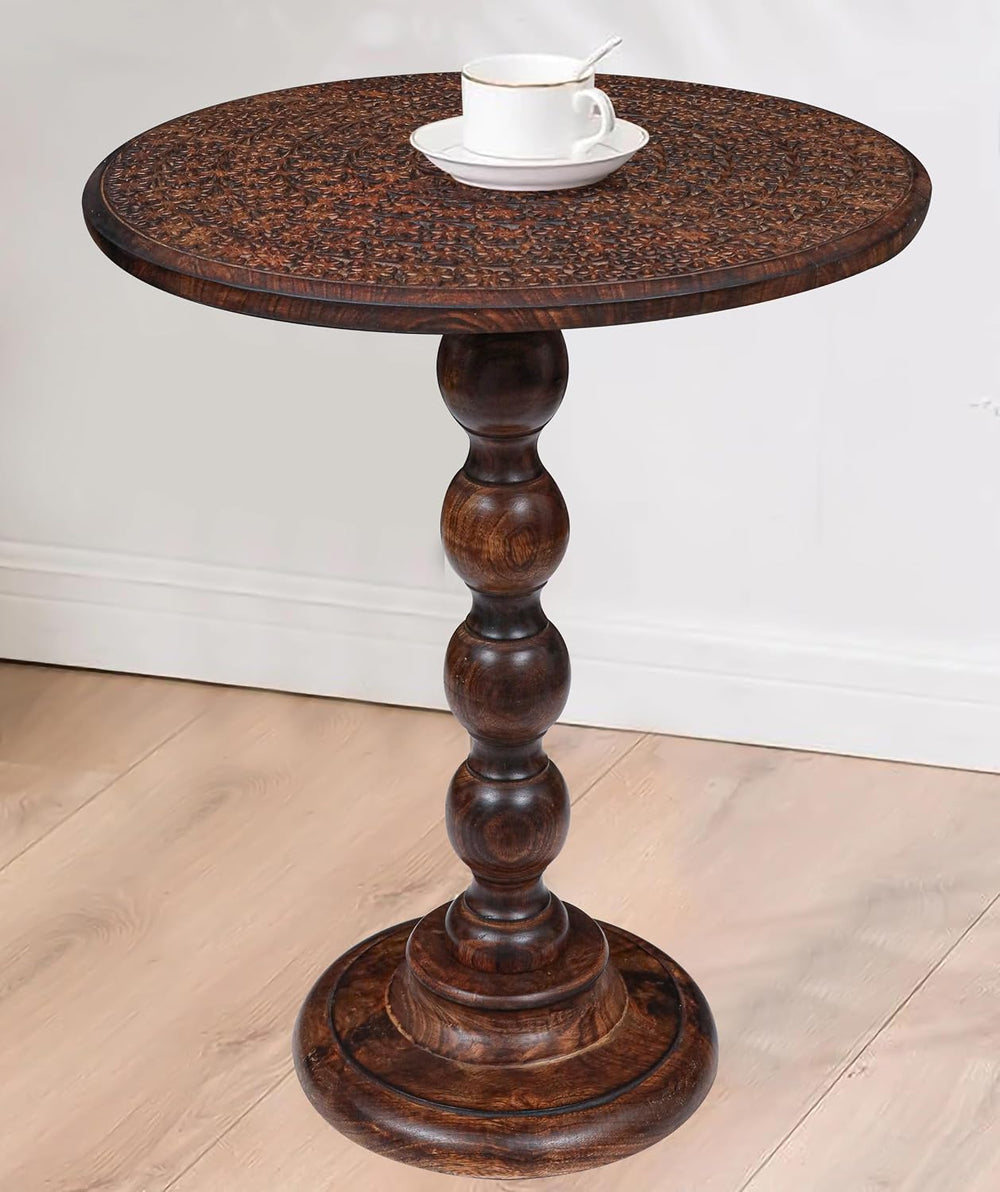 Round Side Table 18x22", Small Drink Table, Hand-Carved Solid Wood