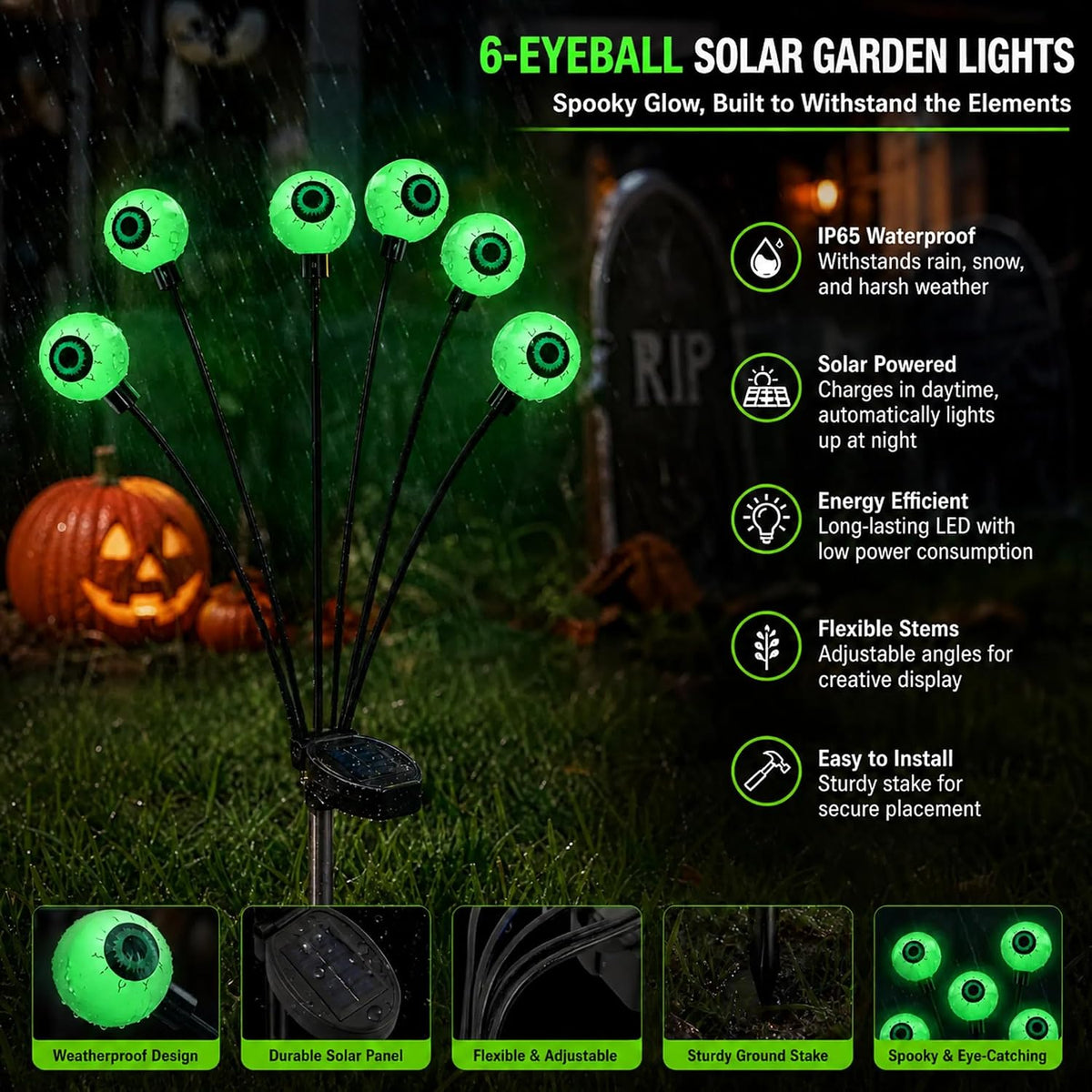 Dazzle Bright Halloween Decorations Outdoor, 6 Pack 36LED Solar Eyeball Pathway Lights, Scary Waterproof Solar Green Firefly Lights for Garden Lawn Yard Decor