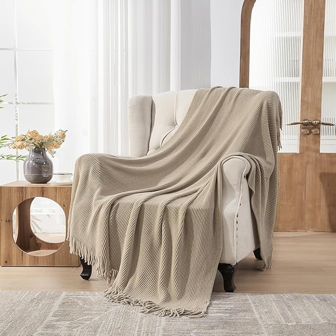 lifein Throw Blanket for Couch, Soft Boho Decor Bed Throw, Cozy Beige Knitted - Image 6