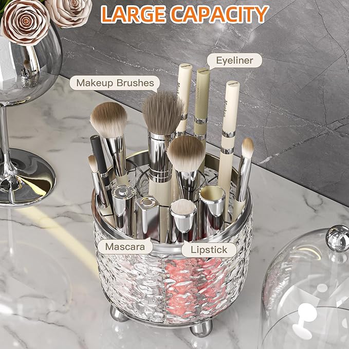 Makeup Brush Holder with Lid, 360° Rotating Cosmetic Tools Organizer with Cover - Image 3