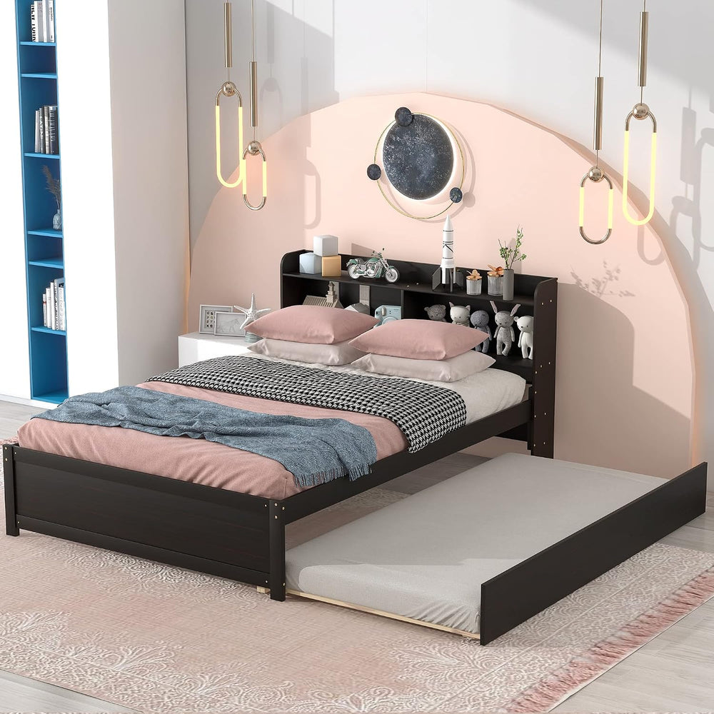 Bellemave Full Size Bed Frame with Trundle Bed and Bookcase, Espresso