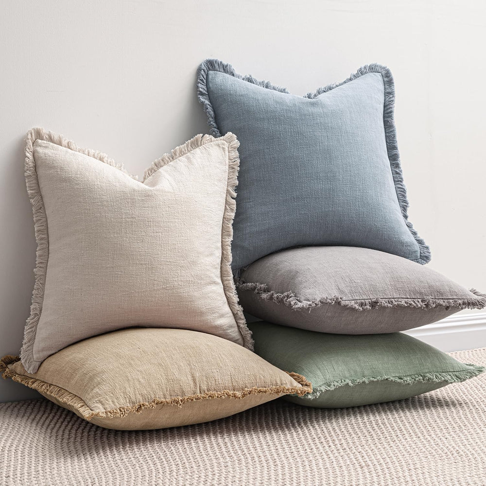 MIULEE Boho Linen Fringe Decorative Throw Pillow Covers Light Blue 20x20
