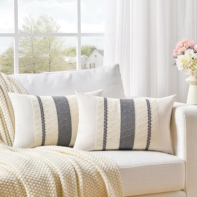 Fancy Homi Set of 1 Neutral Grey Farmhouse Lumbar Decorative Throw Pillow - Image 2