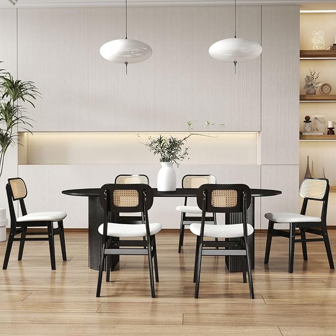 Rattan Dining Chairs Set of 4 Black Wooden Dining Room Chairs White Faux Leat...