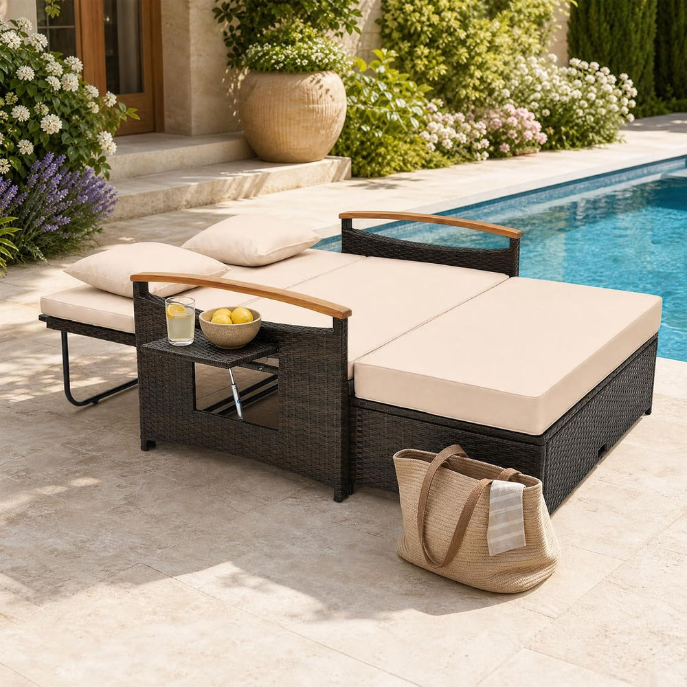 COSTWAY Patio Rattan Daybed, Outdoor Loveseat Sofa with Storage Ottoman
