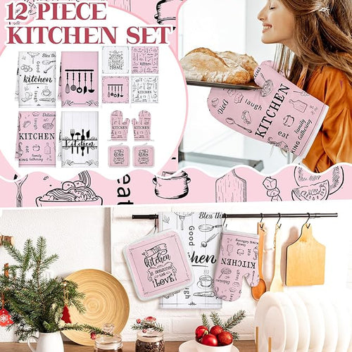 12 Pcs Farmhouse Pink Kitchen Decorations Sets 4 Pink and White Kitchen Towels - Image 2