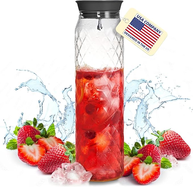 Glass Pitcher - 1.2 Liters / 41 oz, Borosilicate Glass - Water Carafe - by PJCKitchen
