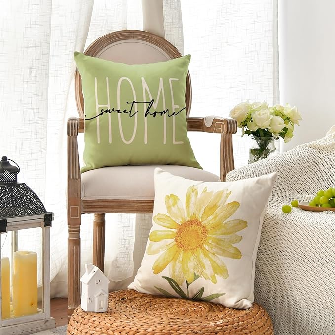AVOIN colorlife Home Sweet Home Spring Summer Flowers Green Throw Pillow Covers - Image 3