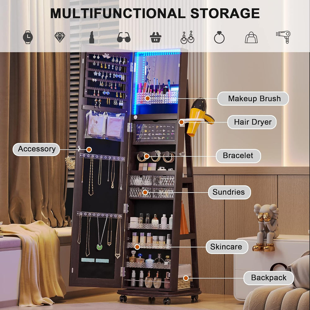 HNEBC 360° Swivel Jewelry Armoire with Mirror, LED Mirror Jewelry Cabinet Sta...