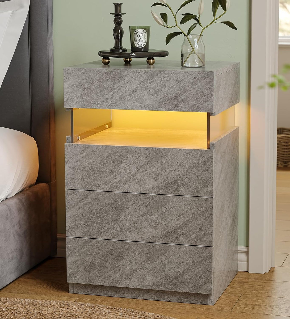 Bingoday Gray LED Night Stand Set 2 with 4 Drawers Modern Bedside Table | Nightstands with App-Controlled Adjustable LED Lights, Night Stand with Storage Shelf ,Modern Bedside Table for Bedroom