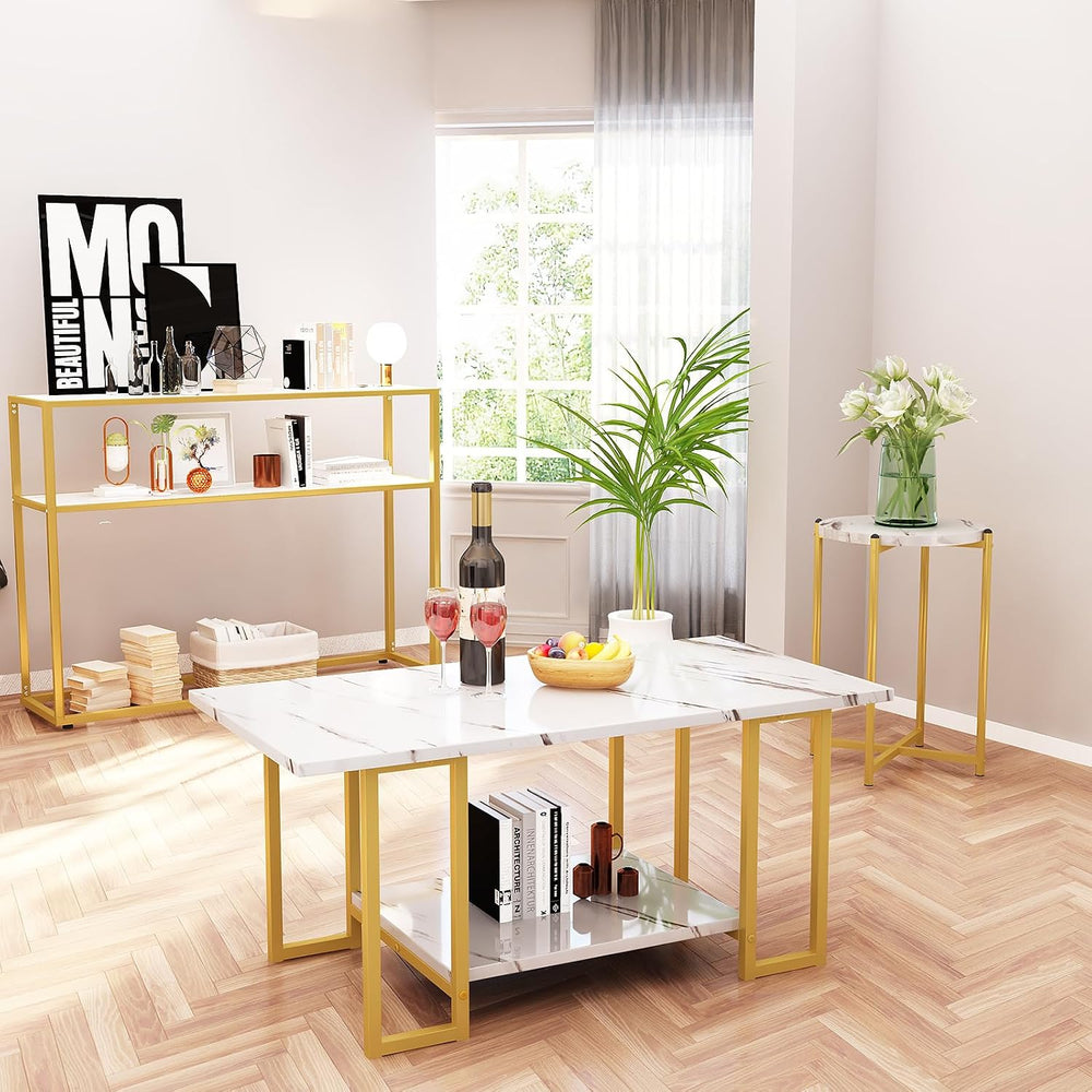 AWQM 3pcs Living Room Table Set, Faux Marble White Coffee Table & 3-Tier ...