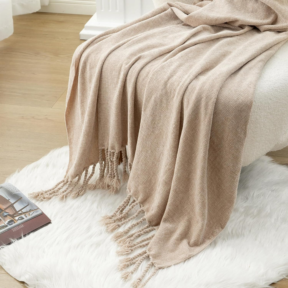 Battilo Beige Chenille Throw Blanket for Couch 50"x60"