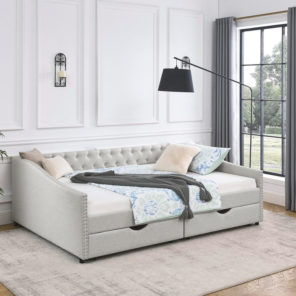 Wood Queen Size Daybed, Day Bed Frame with 2 Storage Drawers, Upholstered Bed...