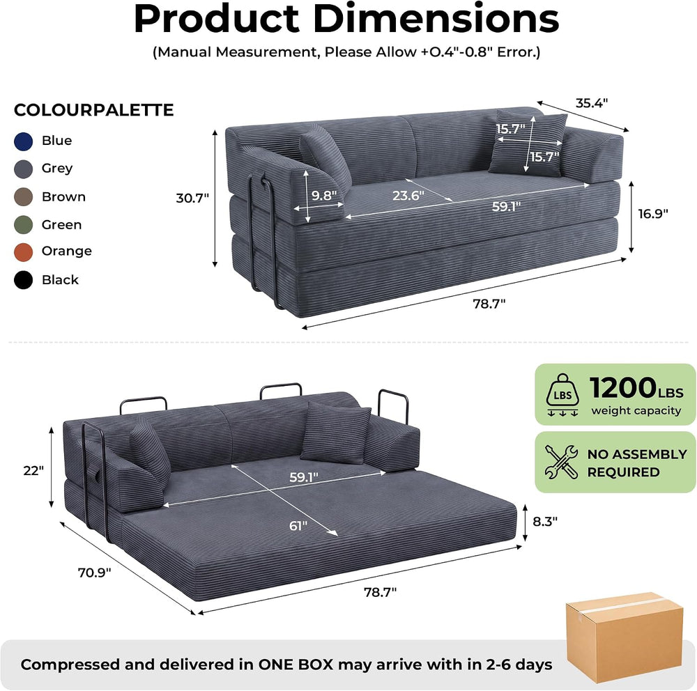79'' Futon Sofa Bed, High‑Back Boneless Couches for Living Room