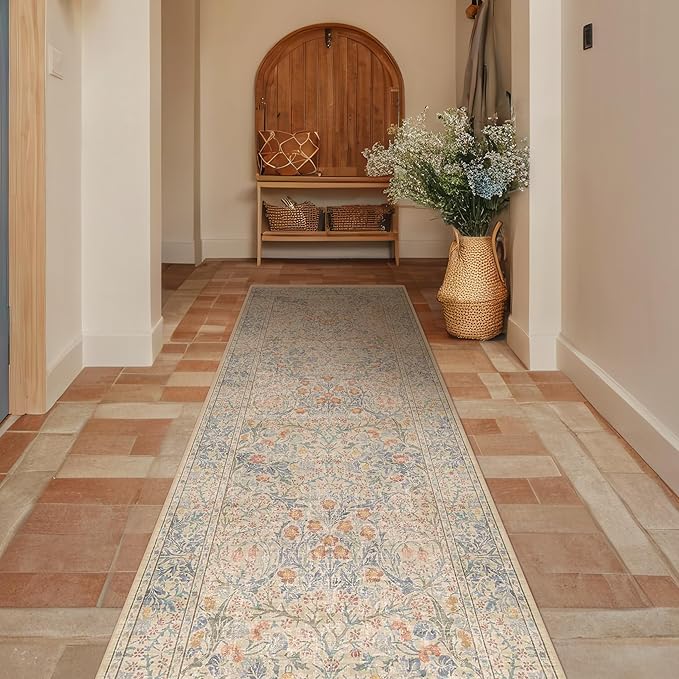 Beige Blue Washable 2x8 Runner Rug by HazoHaus