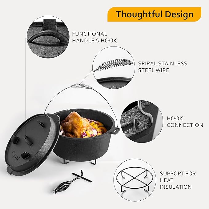 Velaze 10QT Camping Dutch Oven, Pre-Seasoned Cast Iron Camp Dutch Oven Pot - Image 5