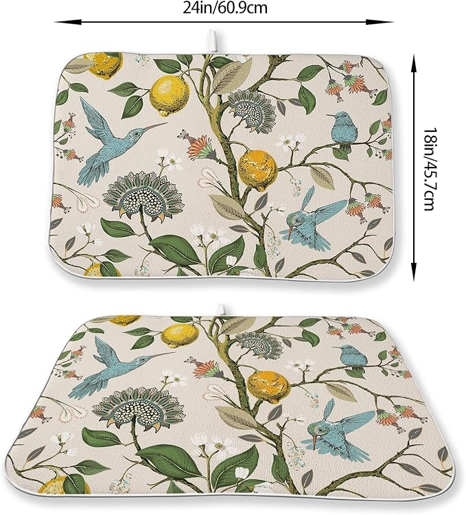 Boho Dish Drying Mat 18x24 Inch Vintage Lemon Floral Blue Bird Drying Mat - Image 2