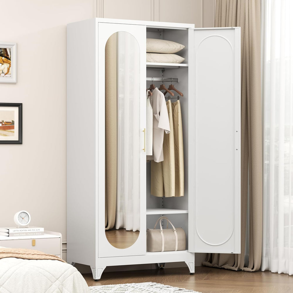 Metal Wardrobe Closet with Mirror Doors and 2 Adjustable Shelves