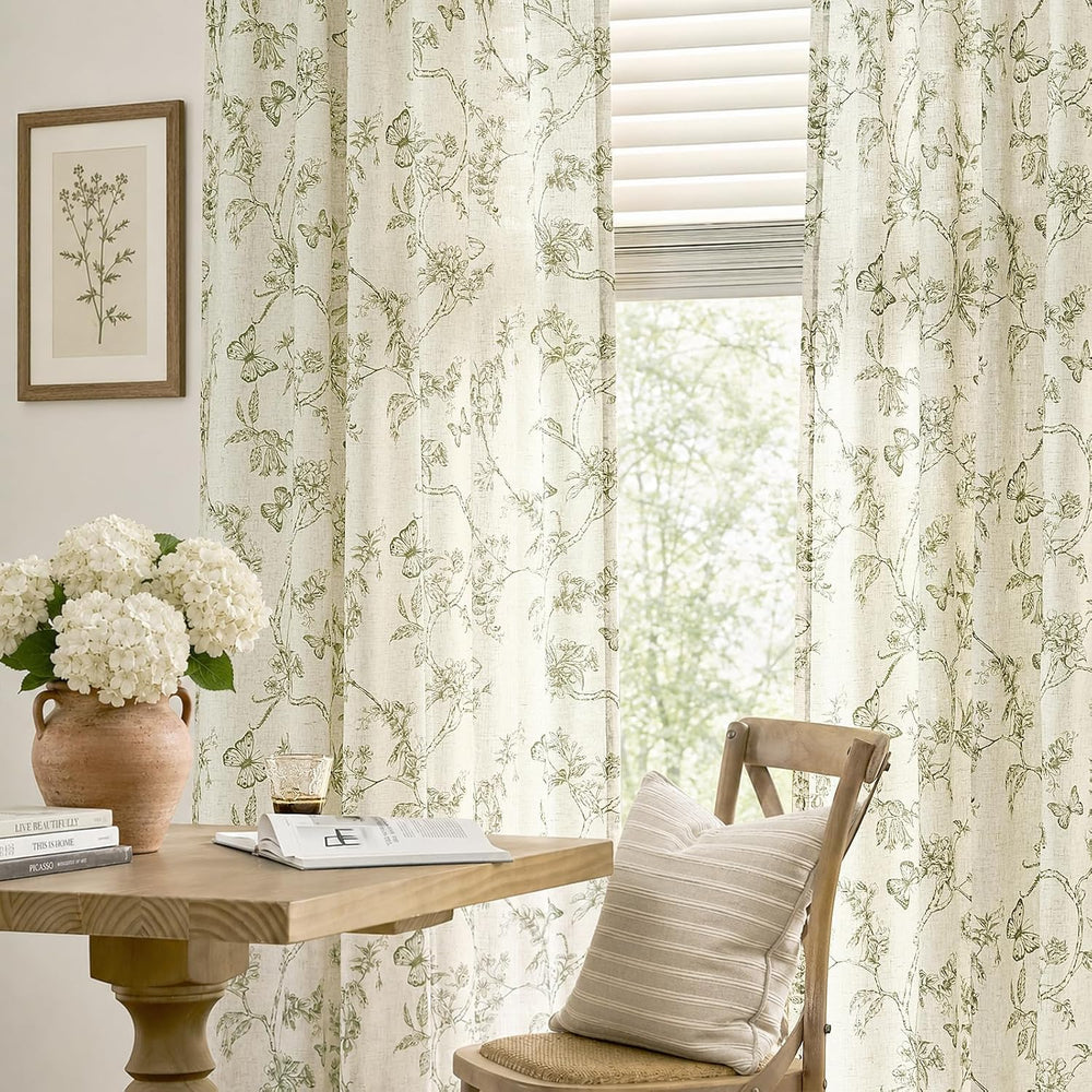 Lazzzy Green Floral Linen Curtains Farmhouse Rod Pocket 50W X 84L 2 Panels