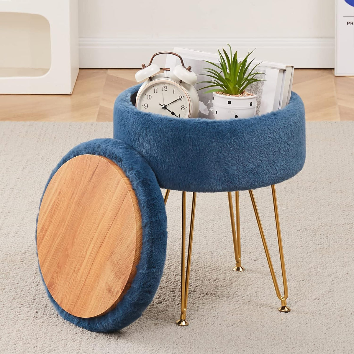 footrest footstools round faux fur ottoman with storage shown in use