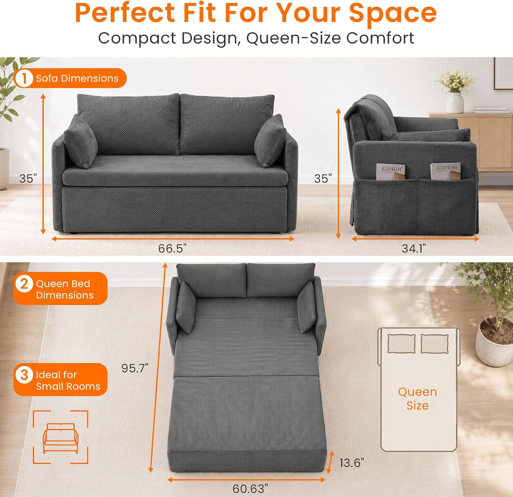 66.5" Queen Pull Out Couch Bed with Adjustable Backrest-Grey