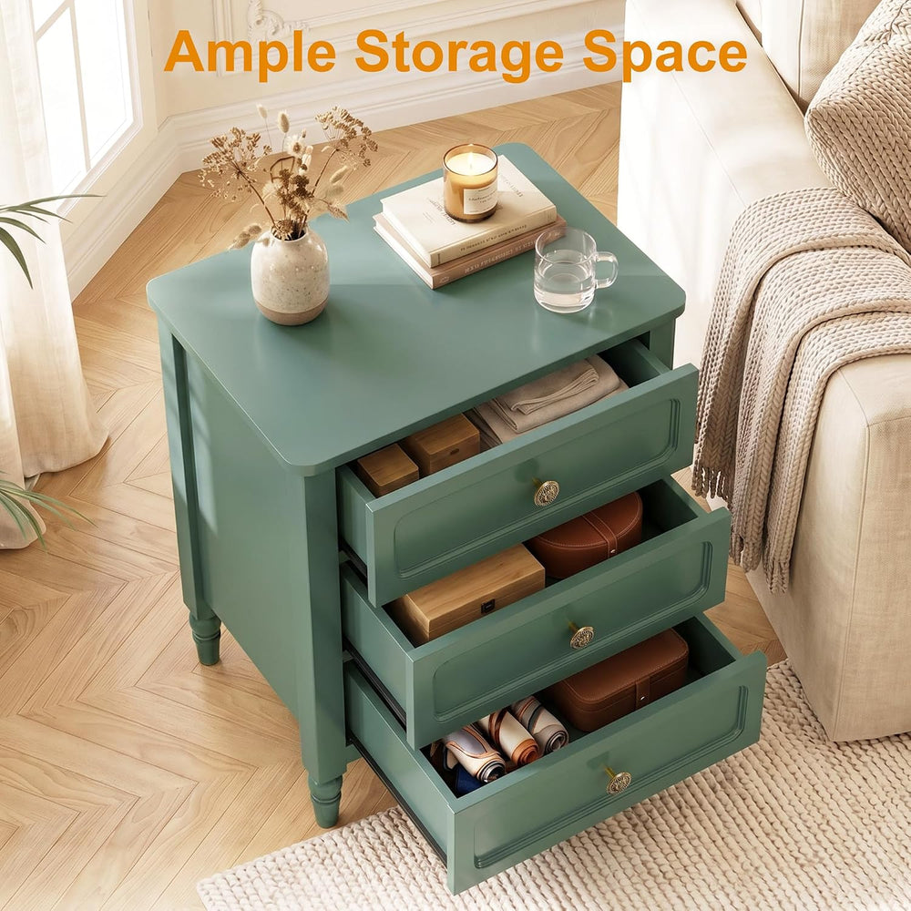 RoyalCraft Nightstand with 3 Drawers, Green Wood Night Stand for Bedroom