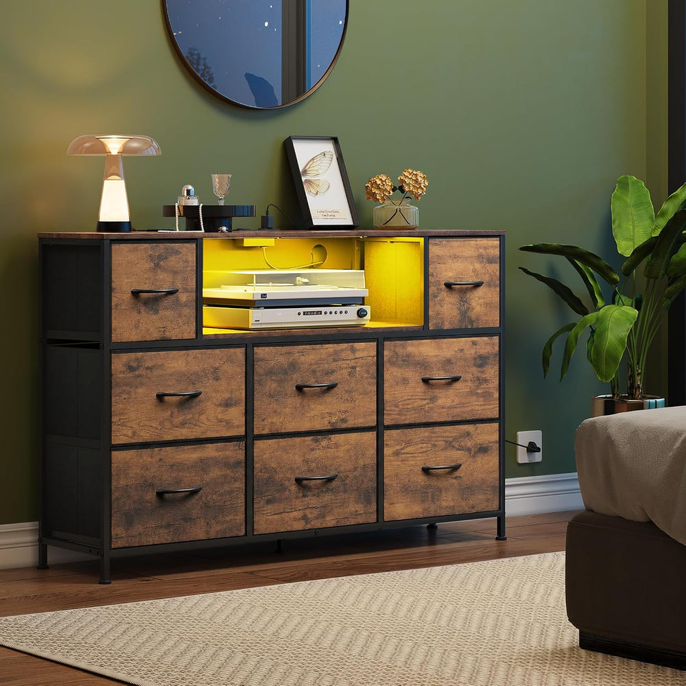 WLIVE LED Dresser TV Stand for 55 Inch TV, 8 Fabric Drawers, Brown Dresser