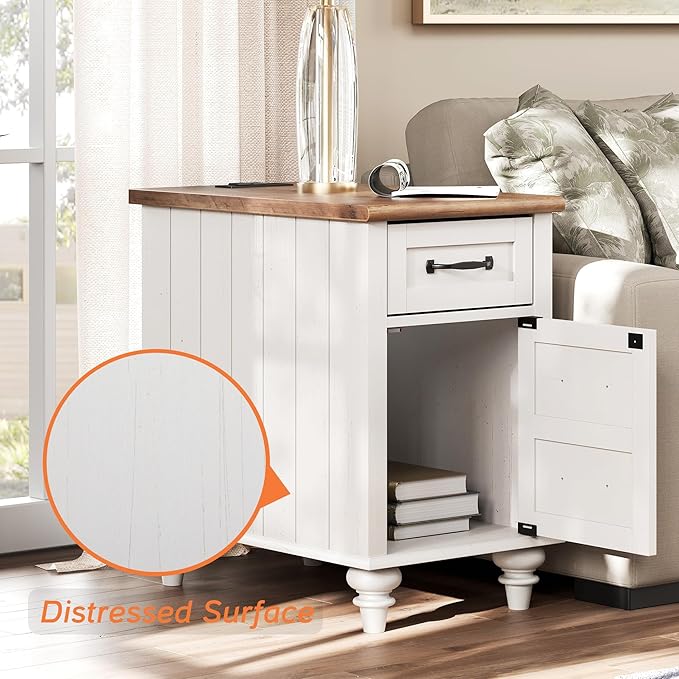 WAMPAT End Table with Charging Station, White Side Table with Storage Cabinet...