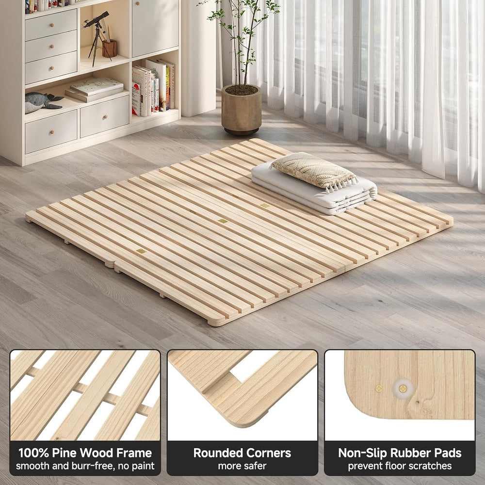 King Size Foldable Floor Bed Frame, Solid Wood Slat Base for Futon Mattress