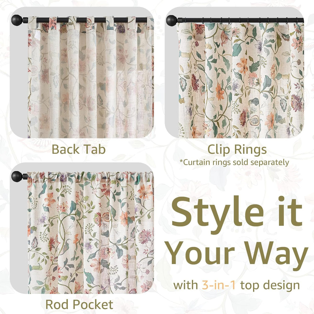 jinchan Beige Floral Linen Curtains 84 Inch Farmhouse Back Tab 2 Panels