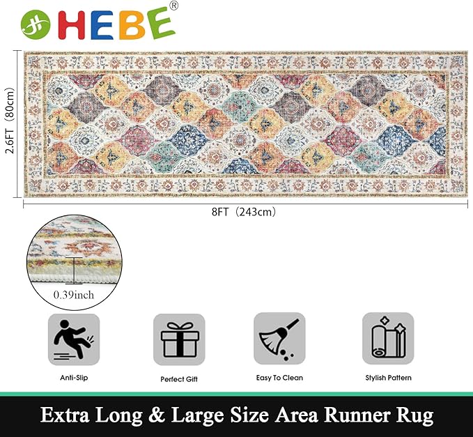HEBE Hallway Runner Rug 2'8''x8' Washable Vintage Distressed Area Rugs Non Slip - Image 2