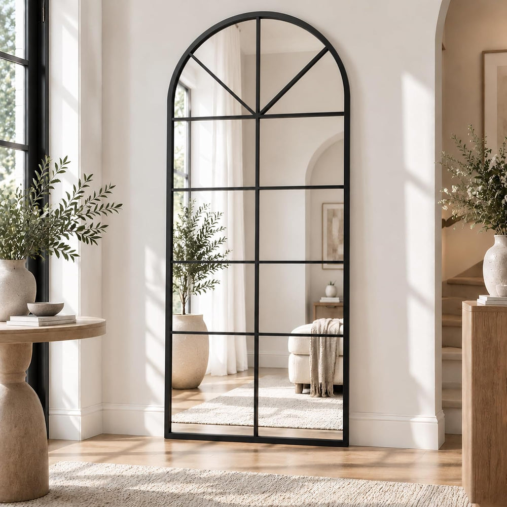 Windowpane Full Length Mirror, 65×22" Black Arch Body Wall Mirror