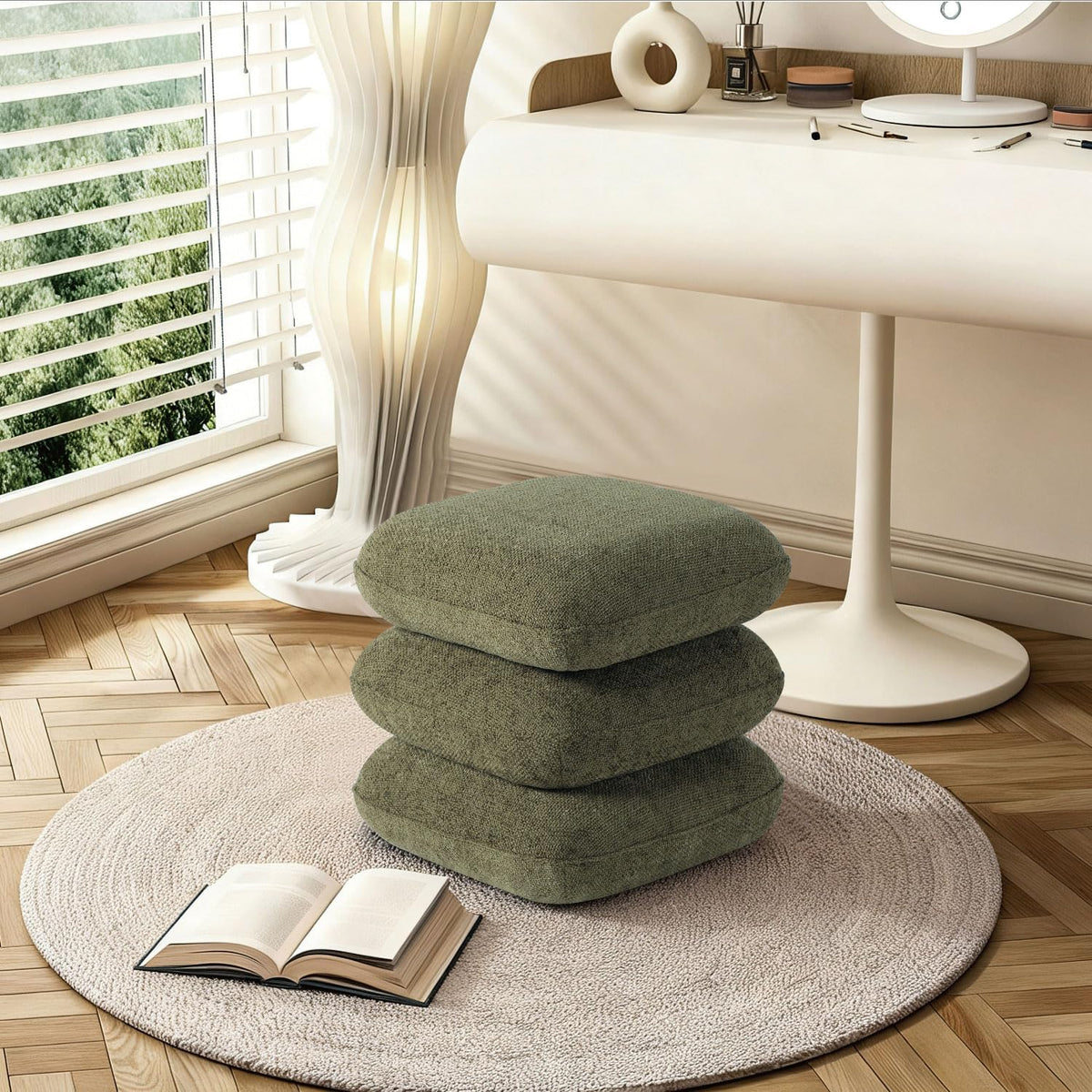 get set style 360° swivel linen ottoman, modern shown in use