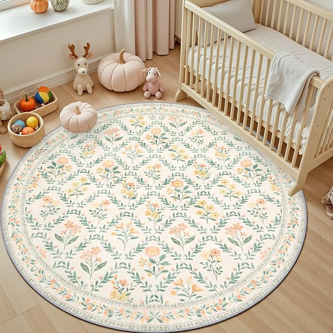 Round Area Rug for Living Room: 4 ft Floral Washable Circle Rug Soft Non-Slip - Image 5