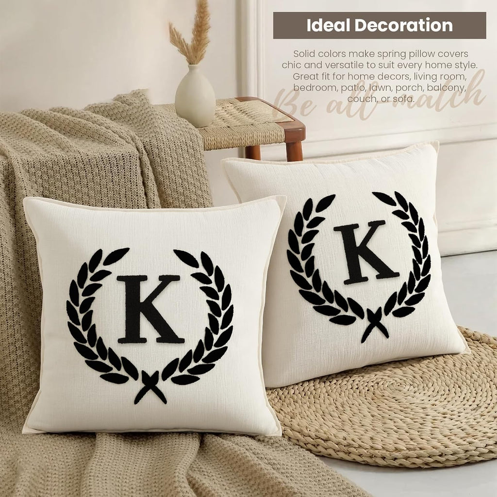 Pack of 2 Chenille Initials Pillowcases 18x18 inch Cream White | Bohemian Farmhouse Neutral Personalized First Letter Embroidery Cushion pillow Soft Sofa Bedrooms Living Room Home Decoration