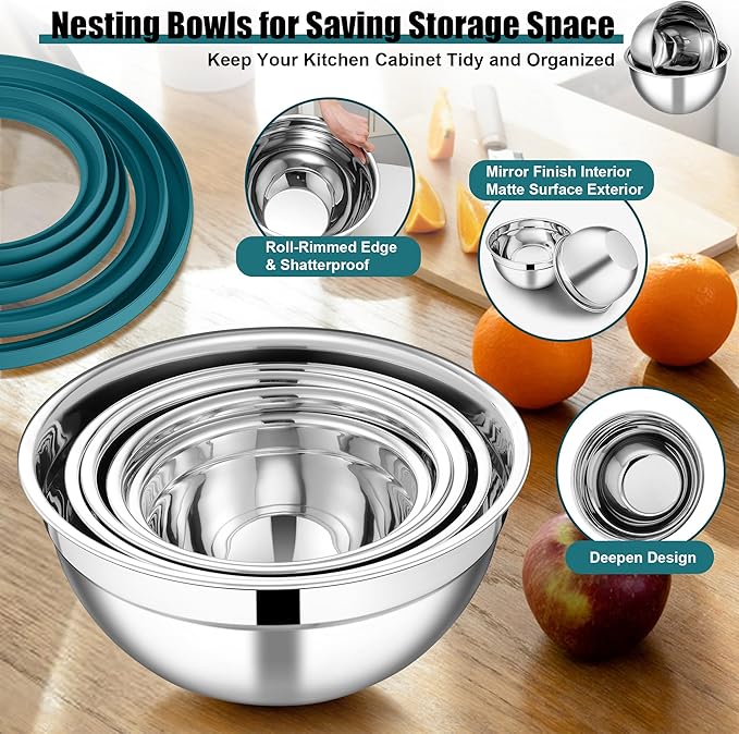 E-far Mixing Bowls Set of 5, Stainless Steel Salad Mixing Bowl - Image 4