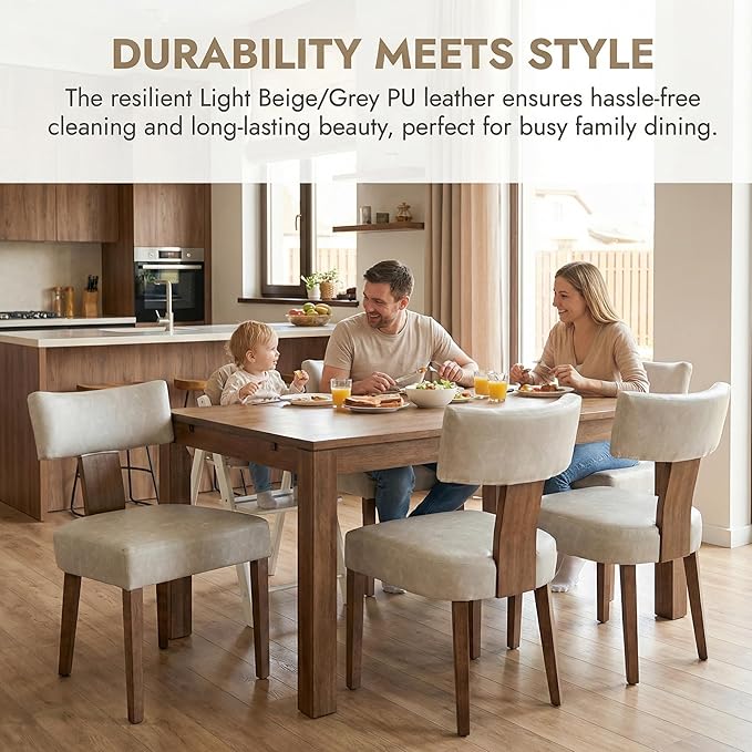Grey Leather Dining Chairs Set of 2, Upholstered Wooden Dining Room Chairs, M...