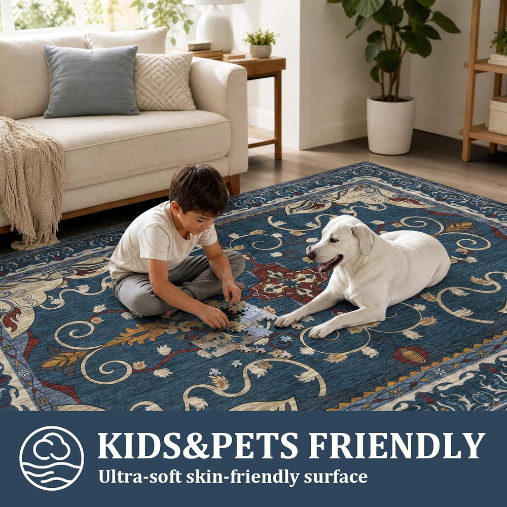 8x10 Area Rug for Large Living Room,Blue Retro Non-Slip Low Pile Rug Carpet