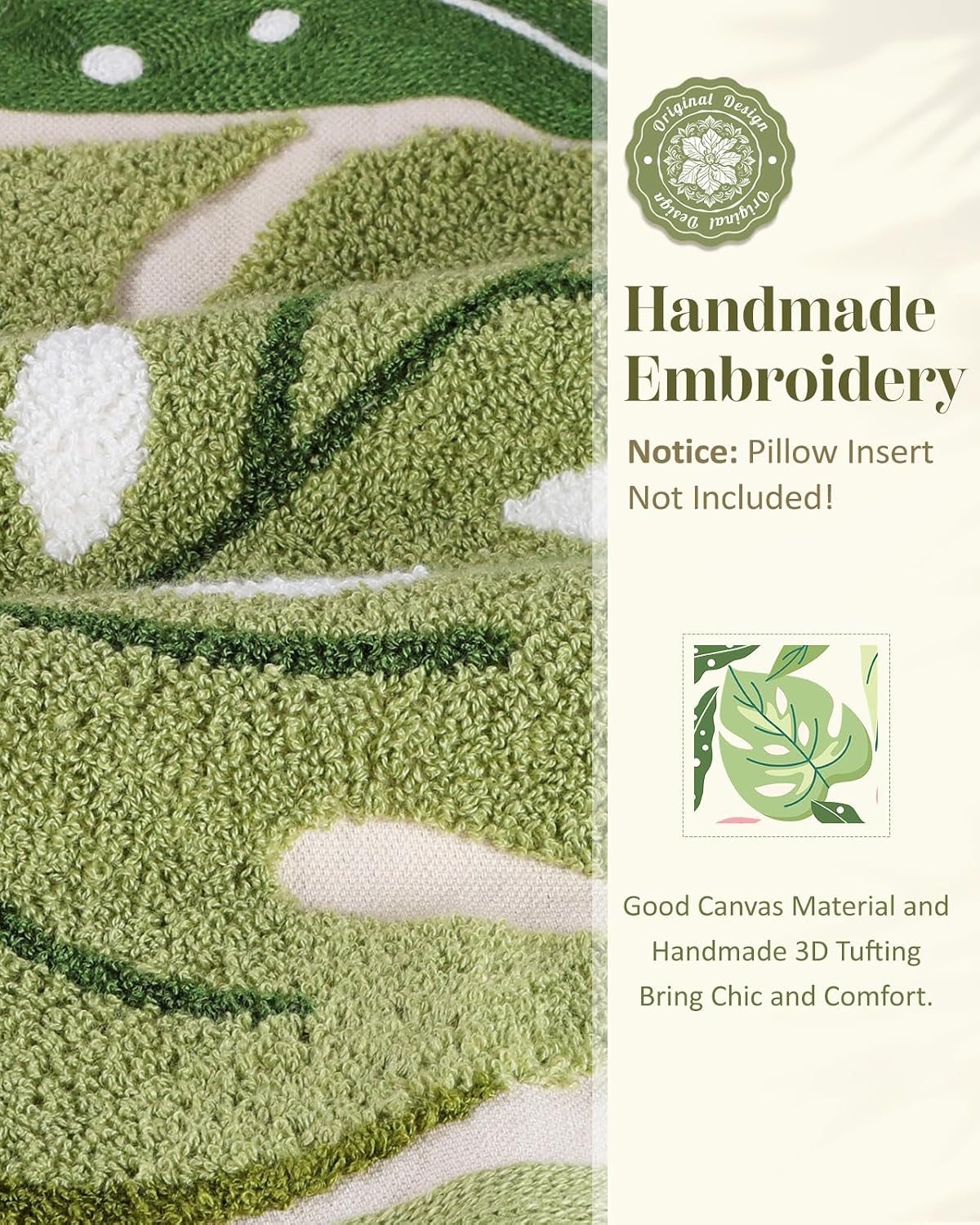 Embroidered Throw Pillow Cover - 18x18 Decorative Pillow Cover with Zipper Aesthetic Cute Design Boho Spring Summer Throw Pillowcase for Living Room Couch Sofa Bed, Monstera Leaves