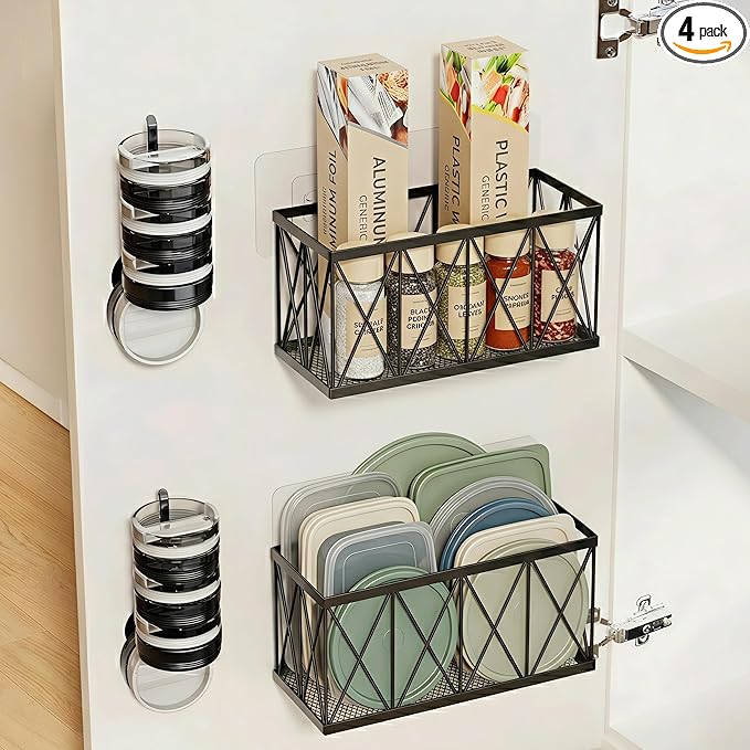 4 Pack Adhesive Cabinet Door Organizer, 2 Baskets + 2 Tumbler Lid Holders by MIXISAV