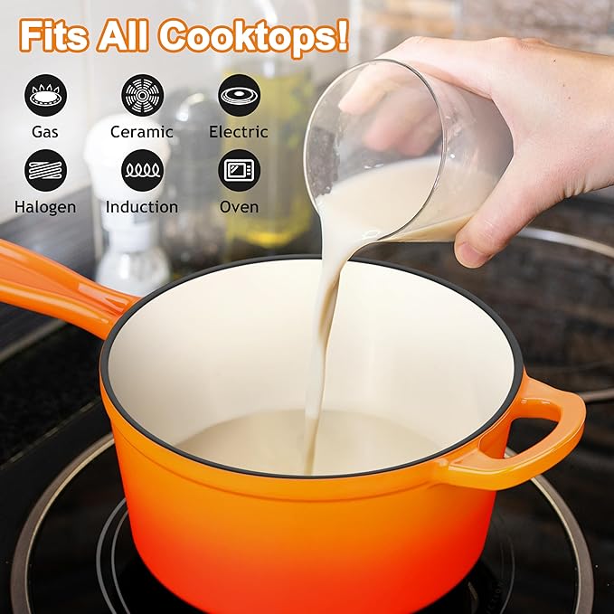 Enameled Cast Iron Sauce Pan, Leonyo 1 Qt & 2 Qt Saucepan Set, Cast Iron Dutch - Image 5